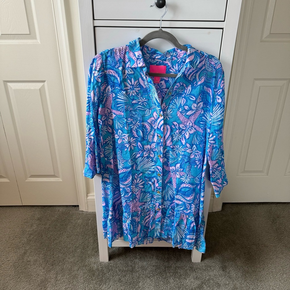 NWT Linley Collared Coverup in Amalfi Blue Sound the Sirens. Sz. S.